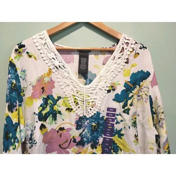 New Multicolor Floral Linen Blend V Neck 3/4 Sleeve Tunic Top Sz 2X - Picture 2 of 6